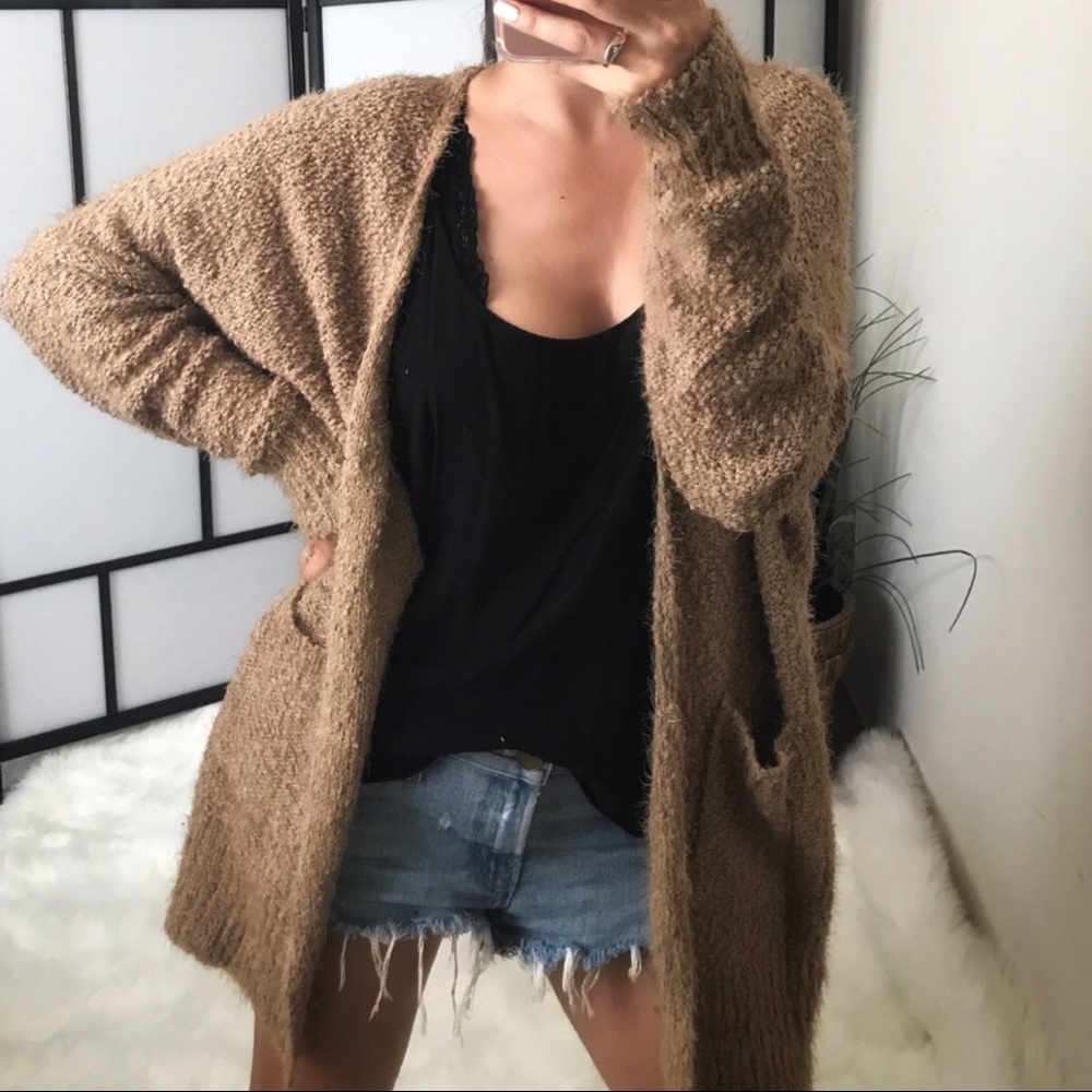 Tan Soft Popcorn Open Knit Cardigan - Picture 3 of 6